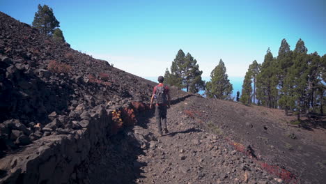 Back-view-of-european-young-man-walking-red-shirt-and-grey-backpack-in-volcanic-landscape