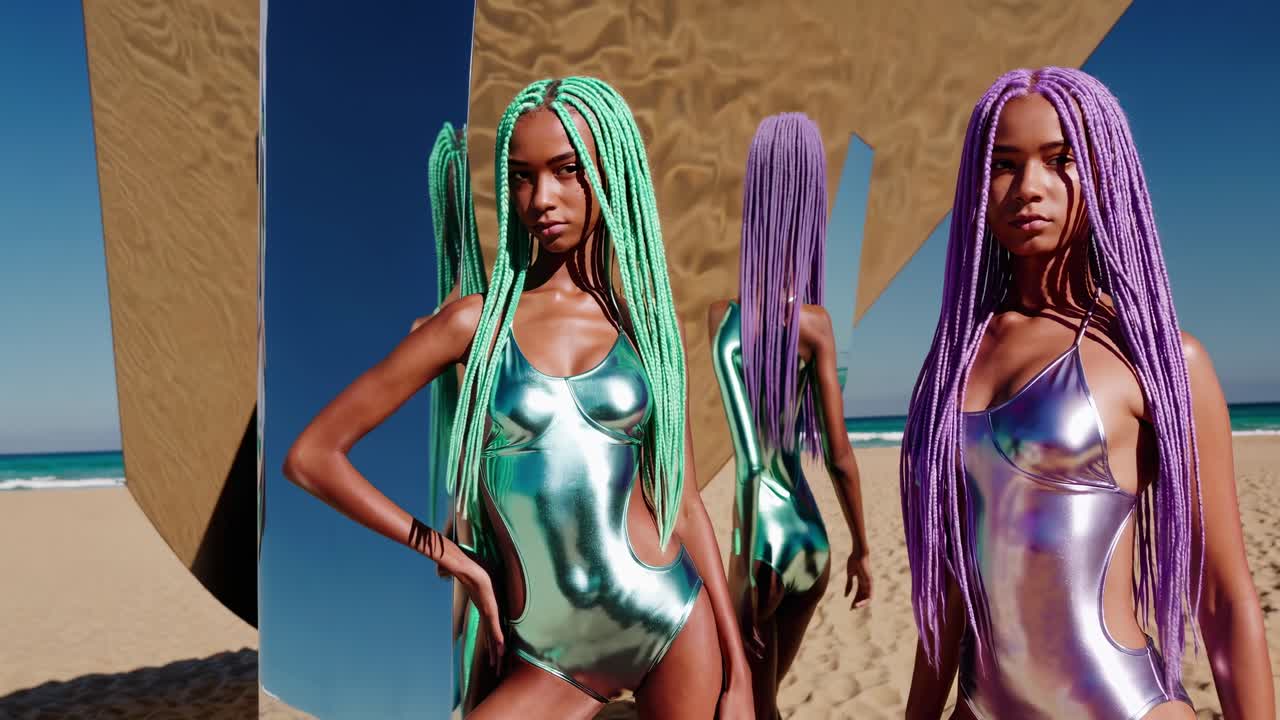 Two models showcasing futuristic metallic swimsuits and vibrant, long braids pose on a beach, with a large mirror reflecting the bright blue sky, creating a stunning visual effect