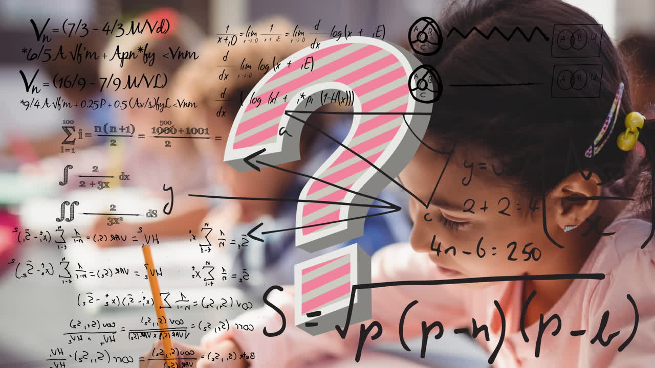 수업에서 다양한 학교 학생들에 대한 질문표와 수학 방정식의 애니메이션