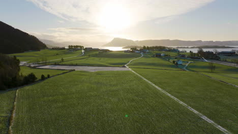 Riesiges-Ackerland-In-Der-Skandinavischen-Landschaft,-Sonnenuntergang-über-Dem-Fjord