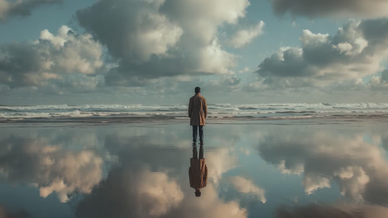 A Solitary Figure Stands at the Shoreline, Reflecting on Life's Journey Amidst a Stunning Display of Clouds and Ocean Waves in the Background