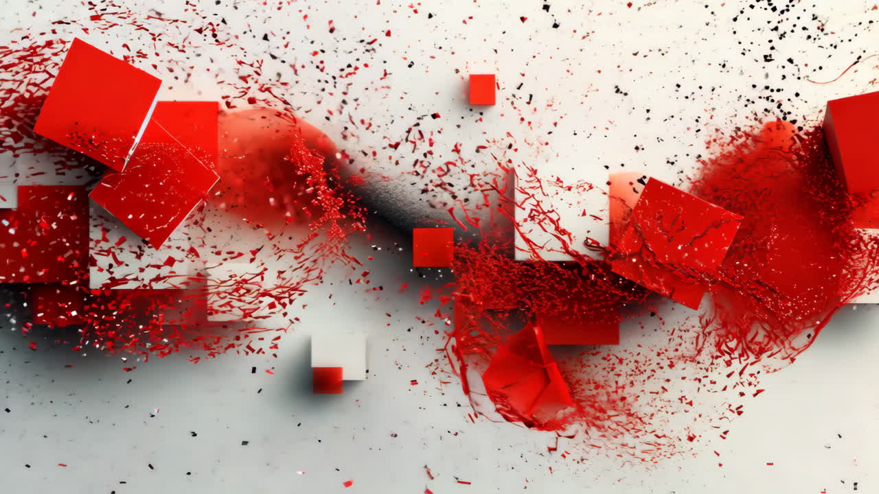 A white background with red and black squares. The squares are arranged in a way that they look like they are moving in a wave. The image has a dynamic and energetic feel to it, as if it is in motion