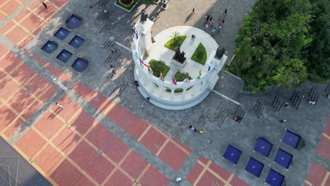 top aerial view of la rotonda monument in malecon simon bolivar of guayaquil, a recreational and tourist attraction place with landmarks and walking space for local people and tourists