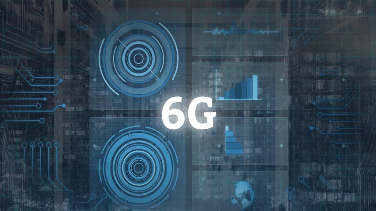 Animation of 6g text and data processing over cityscape and computer servers