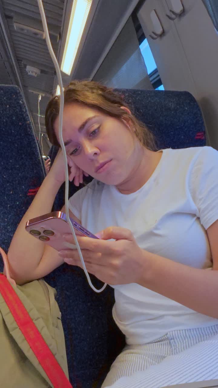 Young Commuter Looking at Her Phone with a Bored Expression