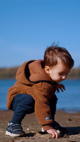 lovely male kid walks by the shore clapping hands. toddler takes a stone, runs to the water and throws the stone. vertical video