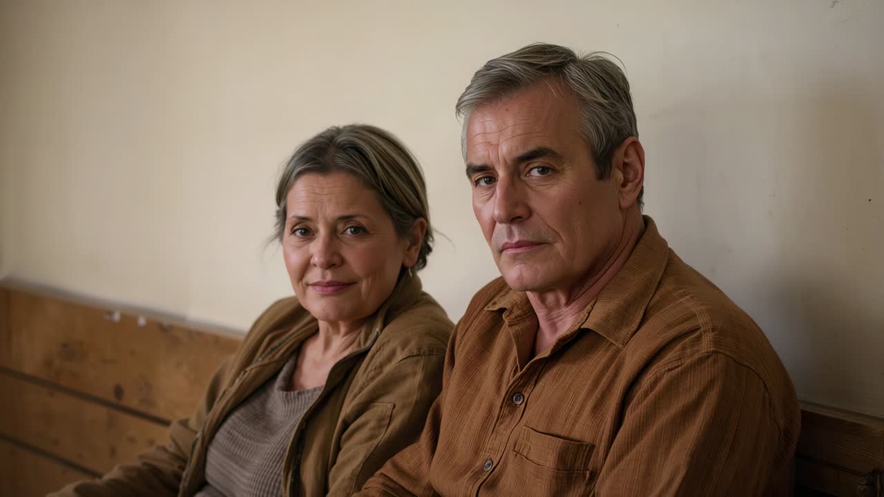 Dos personas mayores girándose después de una pausa, sentadas, desviando la mirada a la derecha en un pasillo con banco de madera, ropa marrón.