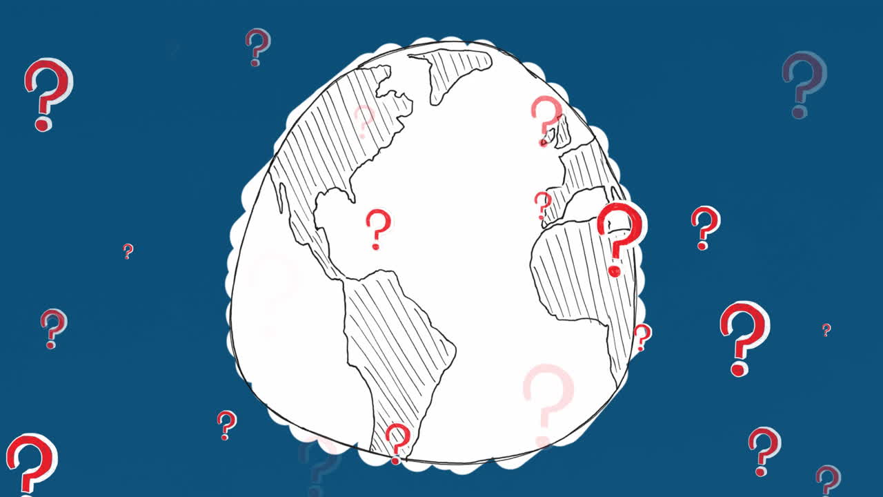 파란색 배경에 대한 지구 그림 위에 질문표 기호의 애니메이션