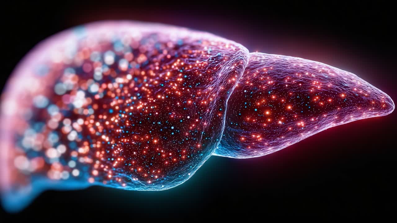 Una vibrante rappresentazione cosmica del fegato umano, che ne evidenzia la struttura intricata e la funzione attraverso una straordinaria visualizzazione artistica di modelli cellulari