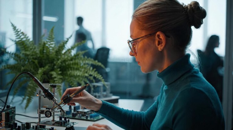 Focused Engineer Working Diligently on Circuit Board Assembly in Modern Lab Environment with Natural Light and Indoor Plants Enhancing Workspace Ambiance
