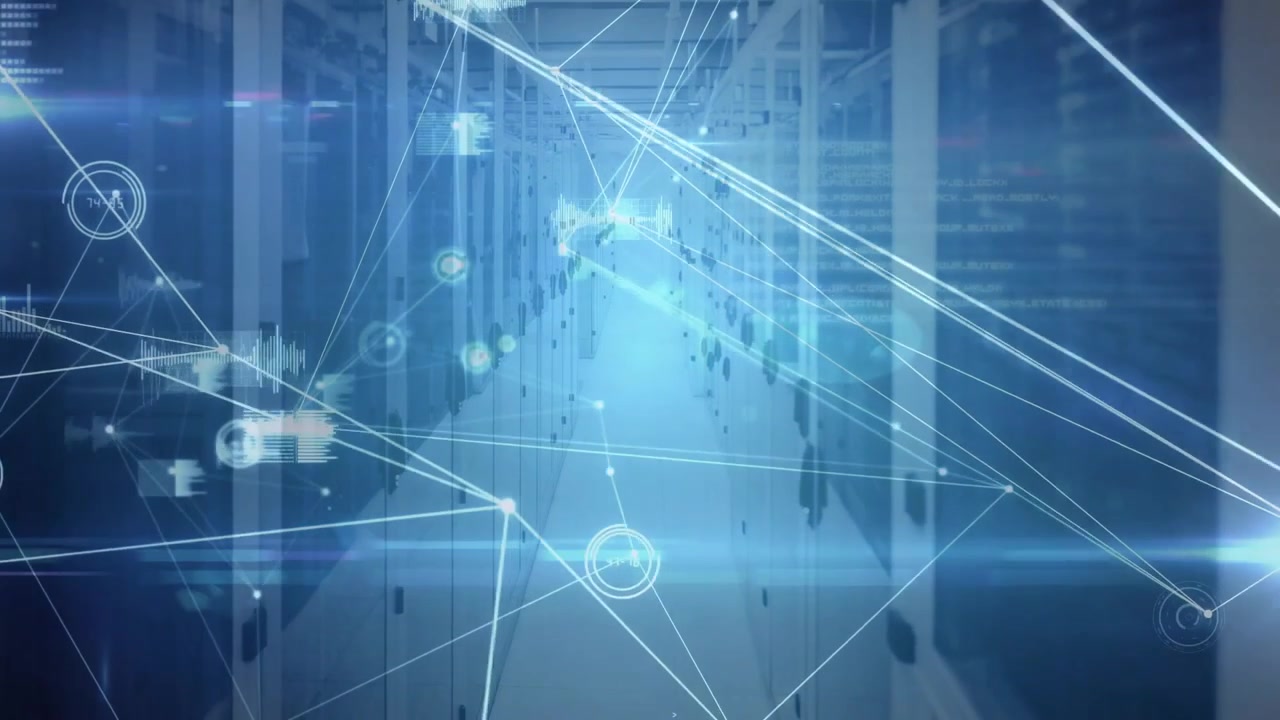 Data center corridor glowing with floating network lines and scrolling code overlays in 3D render
