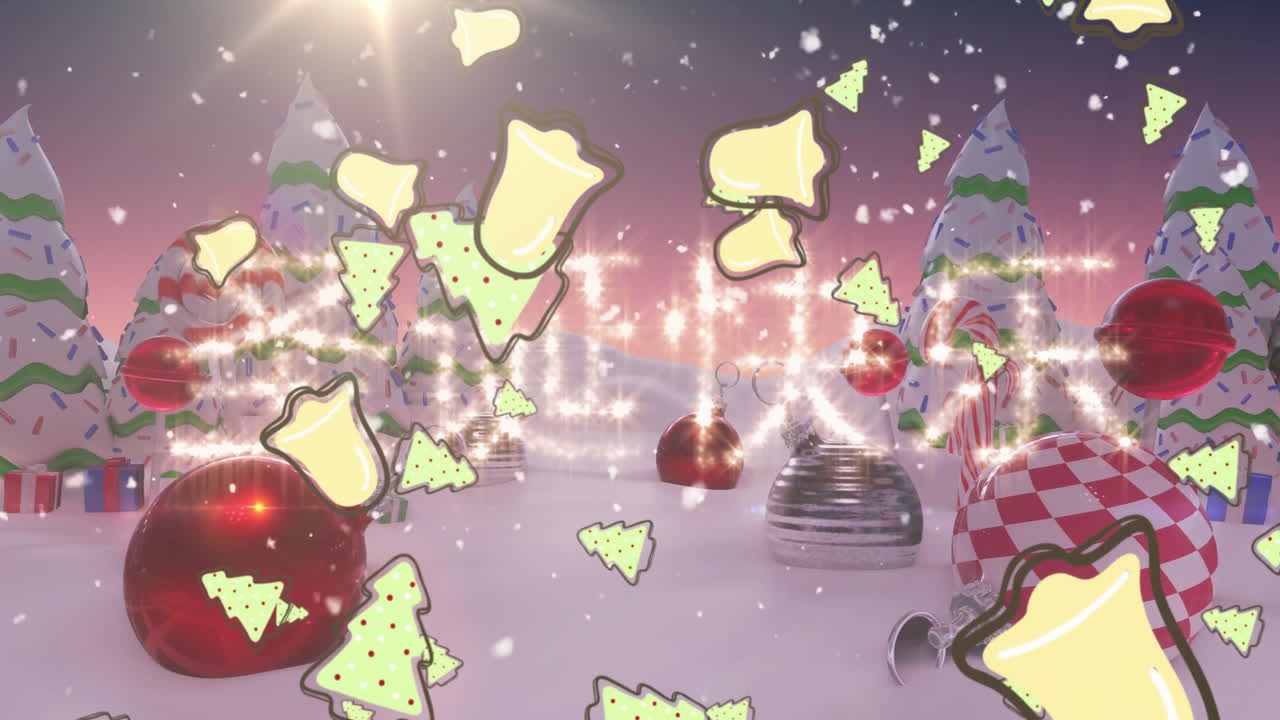 Christmas bells and trees animation over festive winter landscape with decorations