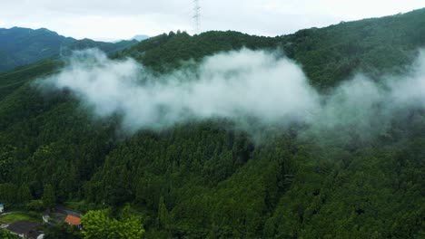 4k de inclinación aérea sobre el hermoso paisaje montañoso brumoso de saijo, japón