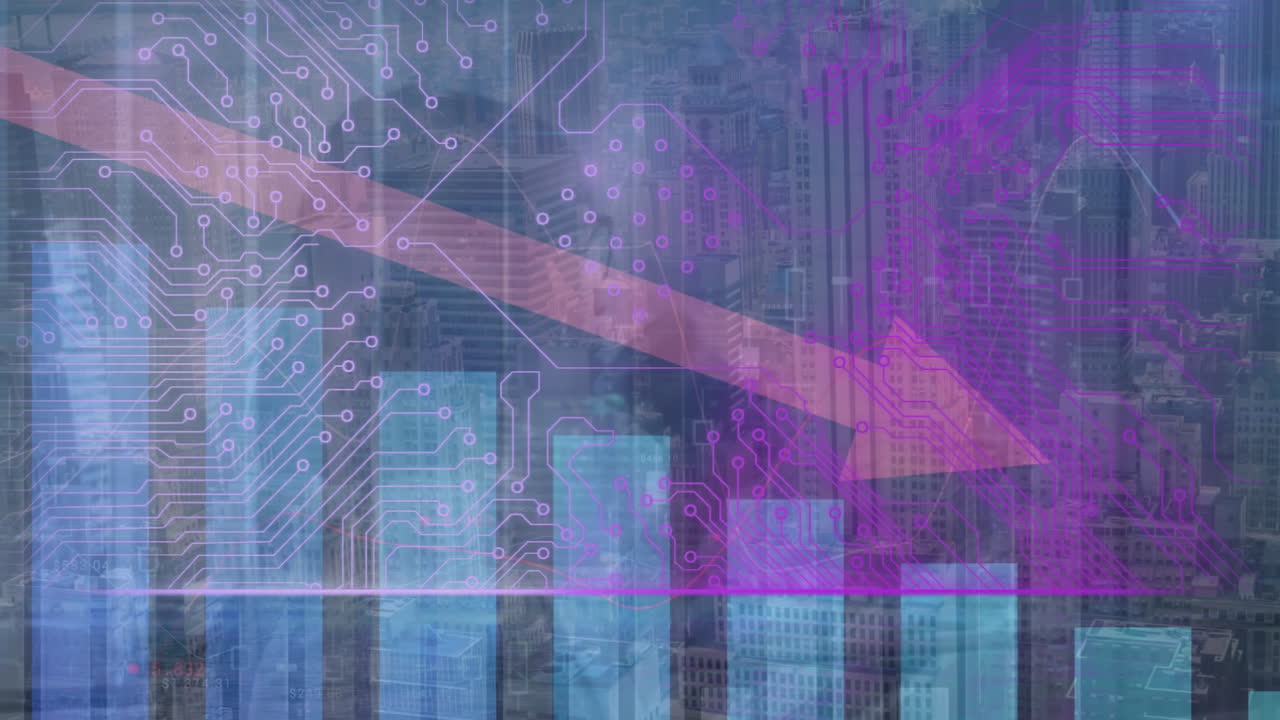 animación del procesamiento de datos y diversas personas de negocios en el paisaje urbano