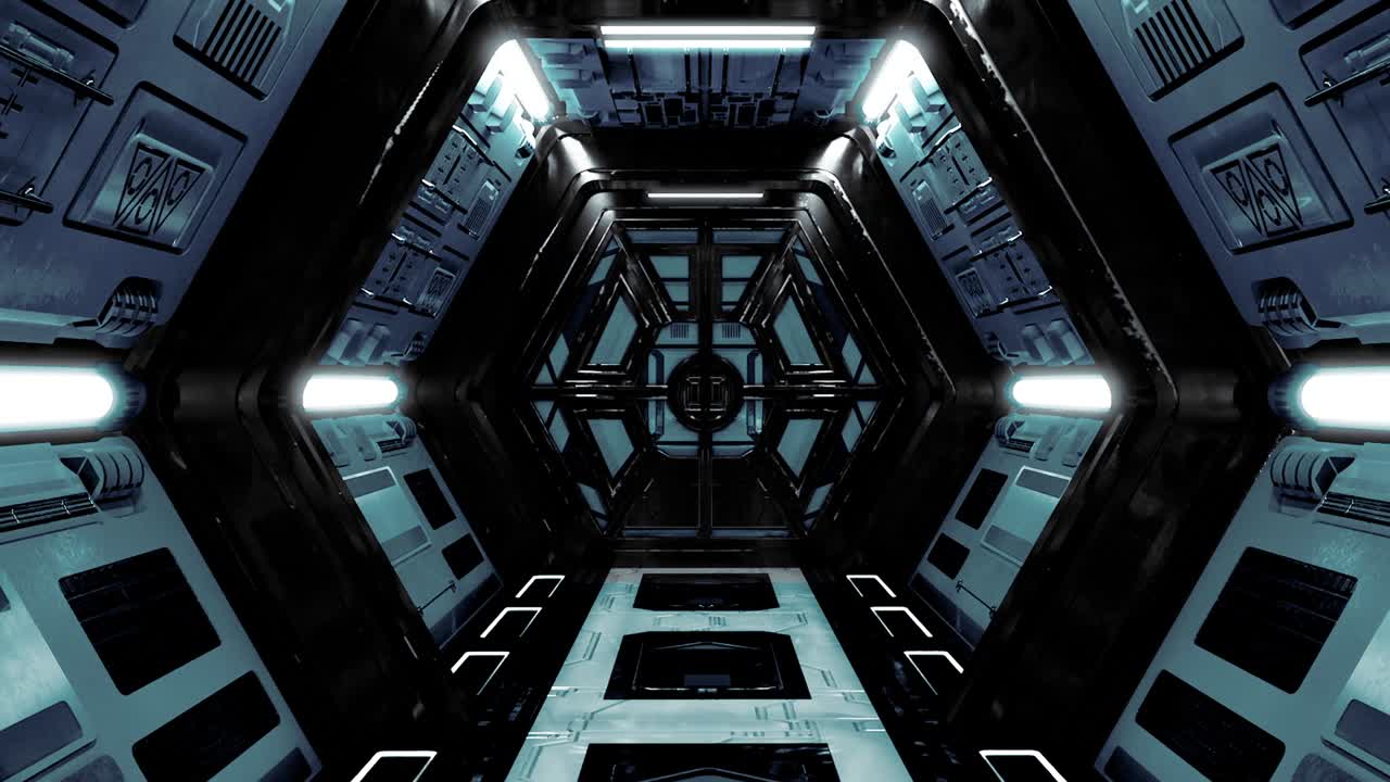4k Seamless loop flying into spaceship tunnel, sci-fi spaceship corridor. Futuristic technology abstract seamless VJ for tech titles and background.