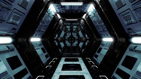 4k seamless loop flying into spaceship tunnel, sci-fi spaceship corridor. futuristic technology abstract seamless vj for tech titles and background.