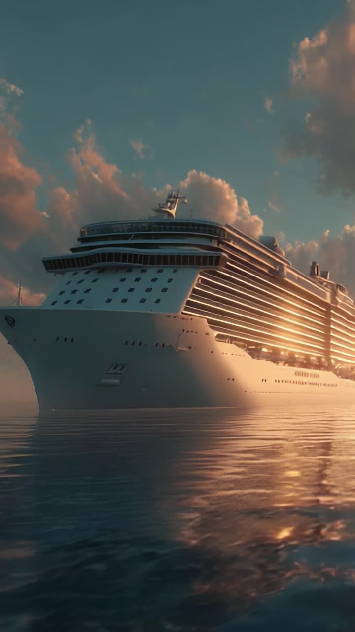 Maestosa nave da crociera circondata da acque tranquille al tramonto, che cattura la bellezza dei viaggi oceanici e dell'architettura marittima moderna