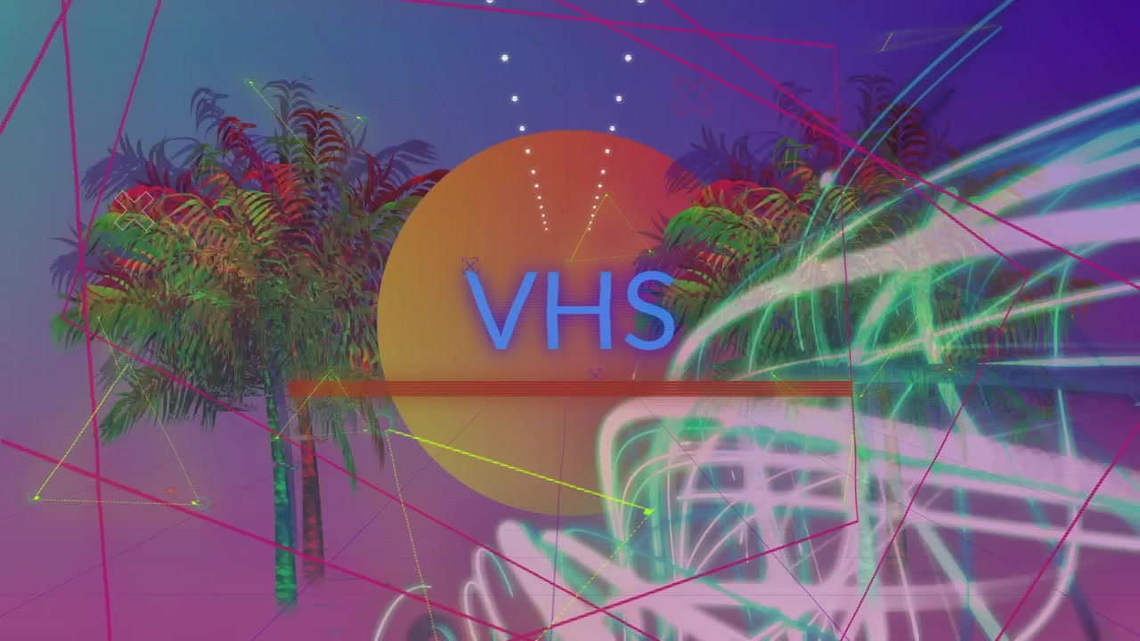 Gleitender orangefarbener Balken, der wirbelnde Kritzeleien um eine Handfläche und eine erscheinende Scheibe zieht, VHS-Text mit Glitch-Effekt auf einem Raster