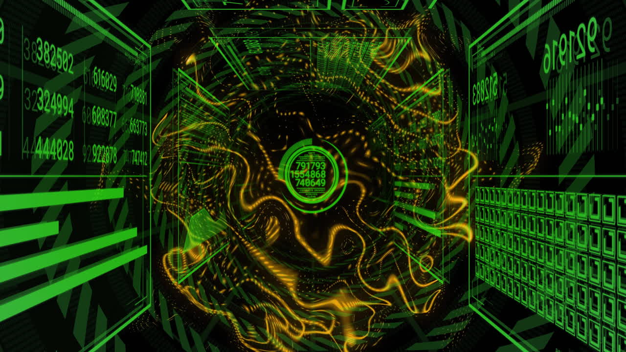 Glowing green and yellow lines with numbers creating futuristic digital animation