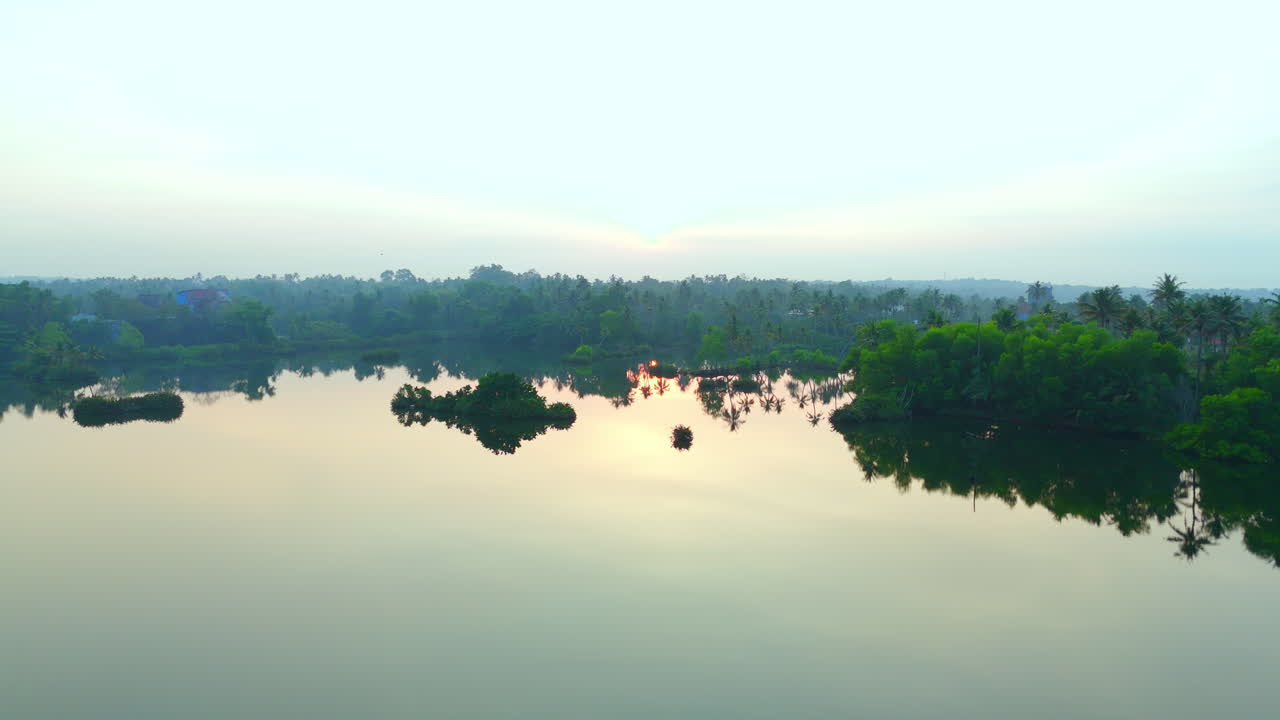 video panorámico de los árboles de la granja de coco en la zona costera de la costa del país tropical de la india kerala paisaje natural laguna de aguas remotas