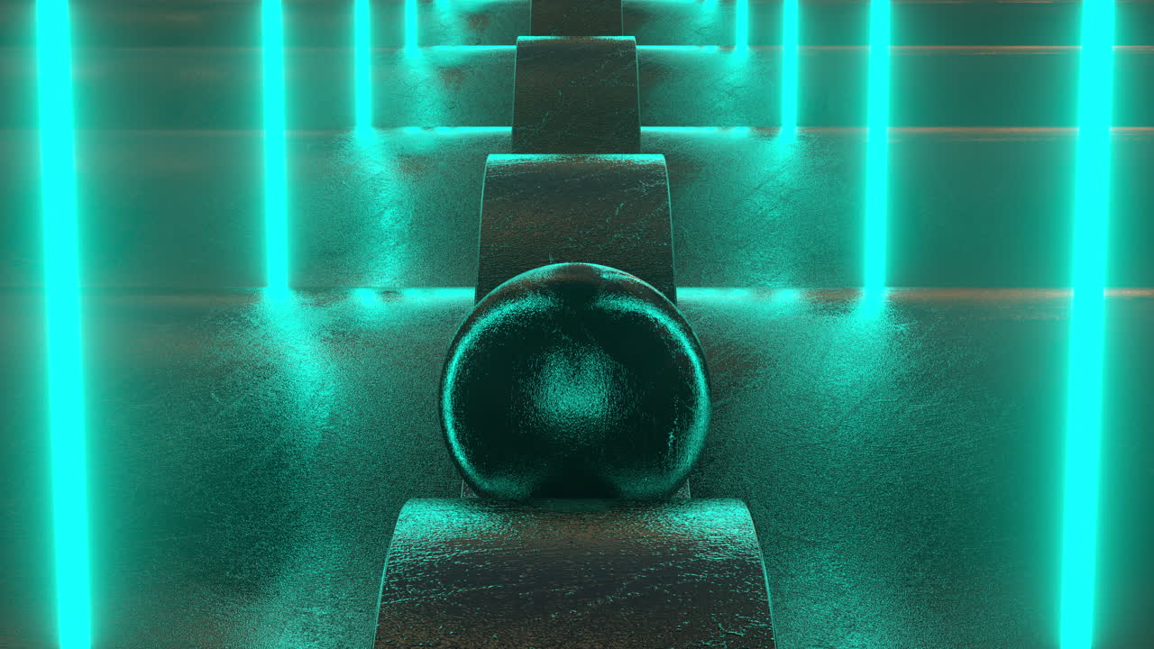 una animación en bucle de una bola dañada metálica negra que se desliza en una escena de ciencia ficción con luces de neón