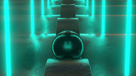 una animación en bucle de una bola dañada metálica negra que se desliza en una escena de ciencia ficción con luces de neón