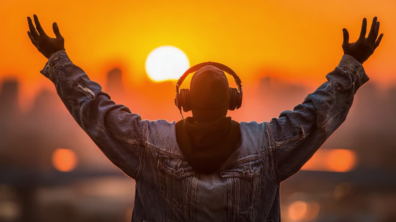 A person with headphones raises their arms in celebration during a breathtaking sunset, embracing the beauty of nature and the moment in this captivating scene