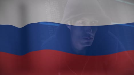 animation of caucasian male hacker over flag of russia