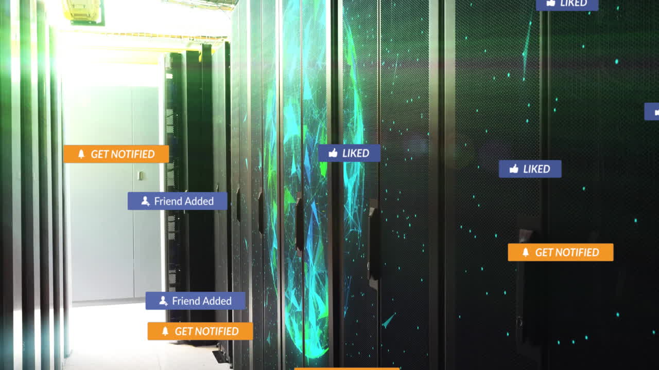 Animation of digital network graphics overlaying data center servers with notifications