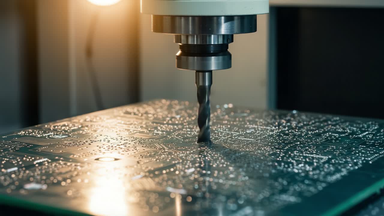 Precision Machining and Circuit Board Manufacturing: A Detailed Look into the CNC Process of Drilling on a Printed Circuit Board (PCB) for Electronics Assembly
