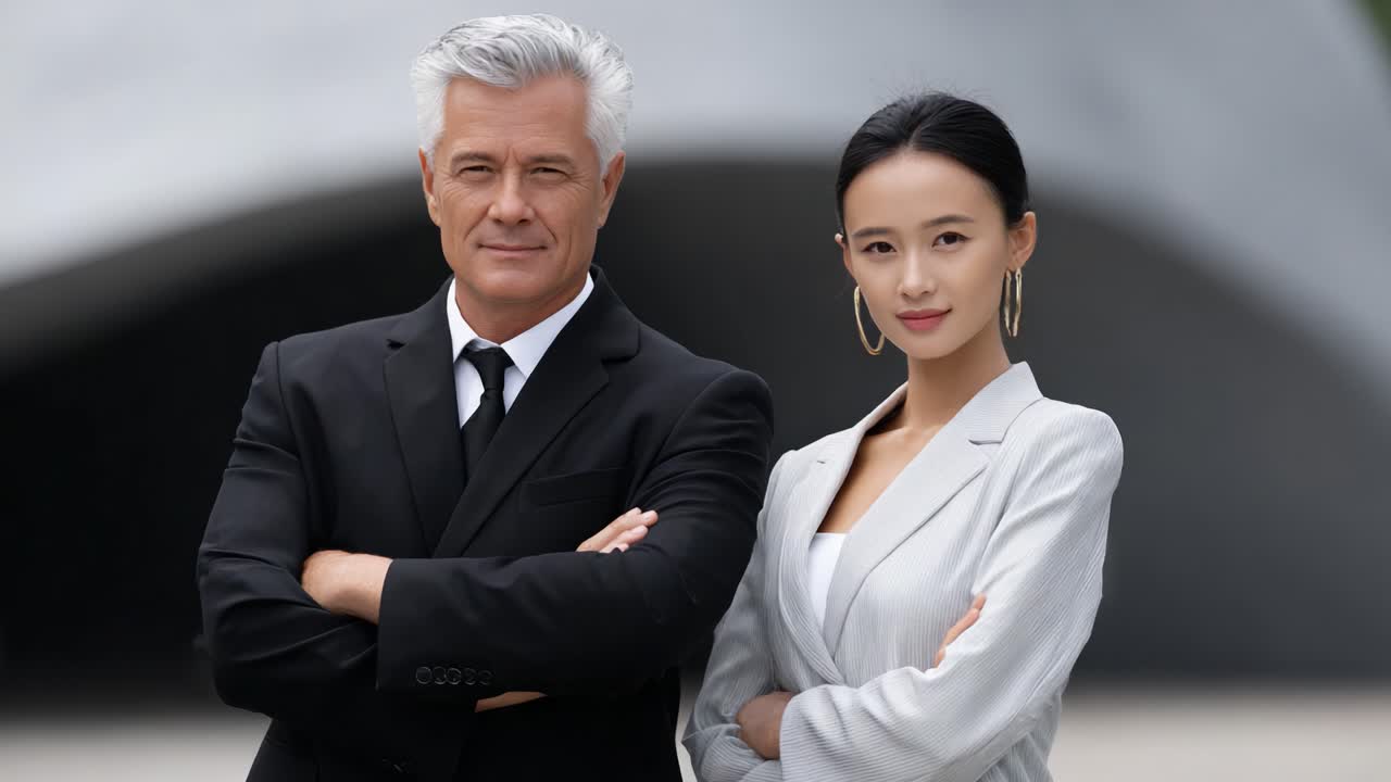 Dynamic Duo of Professionalism: Captivating Portraits of Confident Individuals Exuding Charisma with Poised Postures Against a Modern Architectural Background