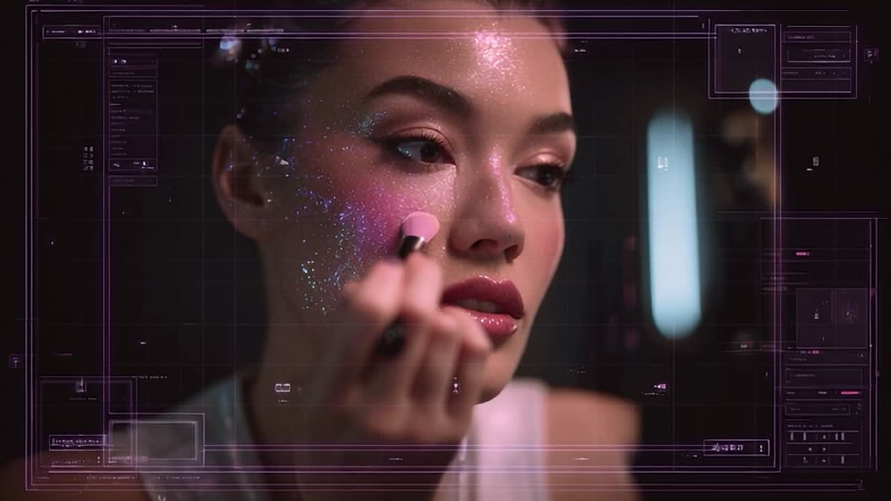 Makeup artist applying blush in a modern studio setting at night