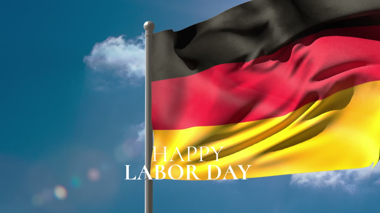 Animazione del testo 'Buona Festa del Lavoro' sulla bandiera della Germania e nuvole
