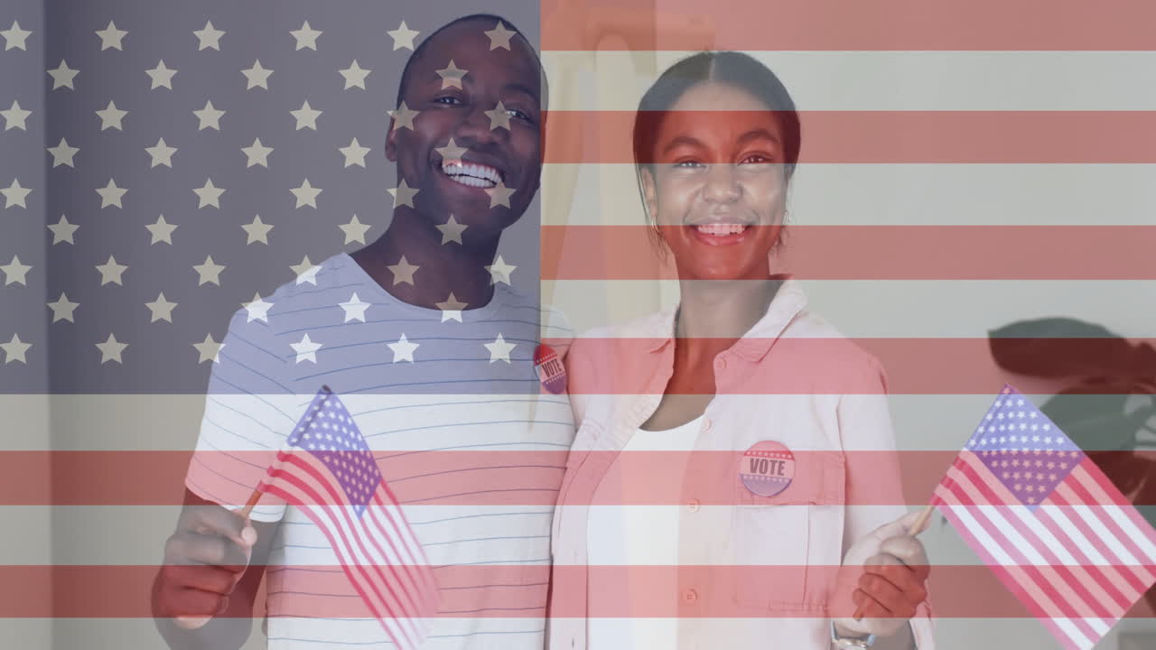 Celebrating voting, smiling couple holding flags with American flag animation