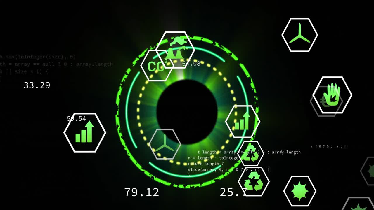 animación del escaneo de alcance sobre el procesamiento de datos con íconos en fondo negro.