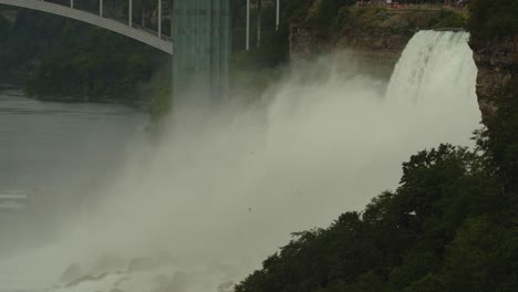 massive mist rises as powerful waterfalls crash below a scenic bridge at niagara falls, surrounded by lush green trees and dramatic cliffs