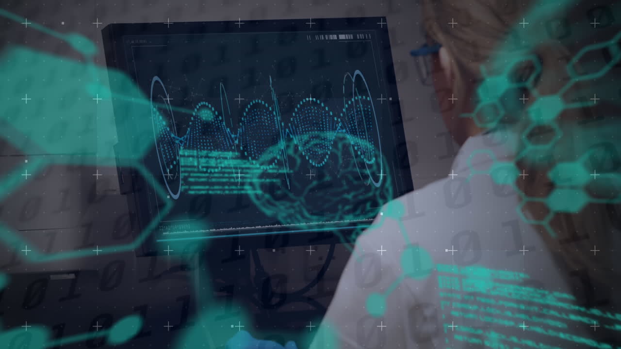 video de interfaz digital con el cerebro sobre mujer caucásica usando computadora