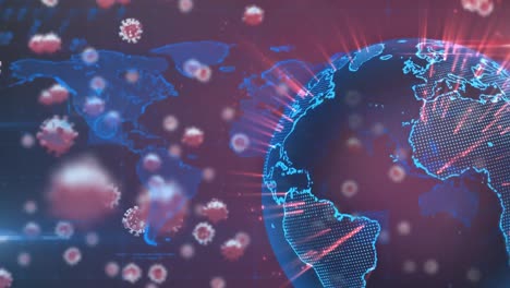 Animation-Eines-Sich-Drehenden-Globus-über-Mehreren-Covid-19-Zellen,-Die-Auf-Der-Weltkarte-Schweben