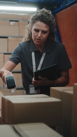 logistics employee managing packages with scanner and tablet