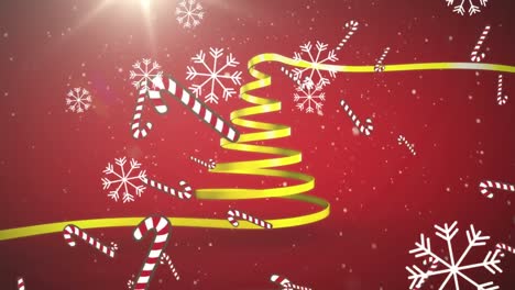 Animation-of-christmas-tree-formed-with-yellow-ribbon-and-candy-canes-and-snow-falling