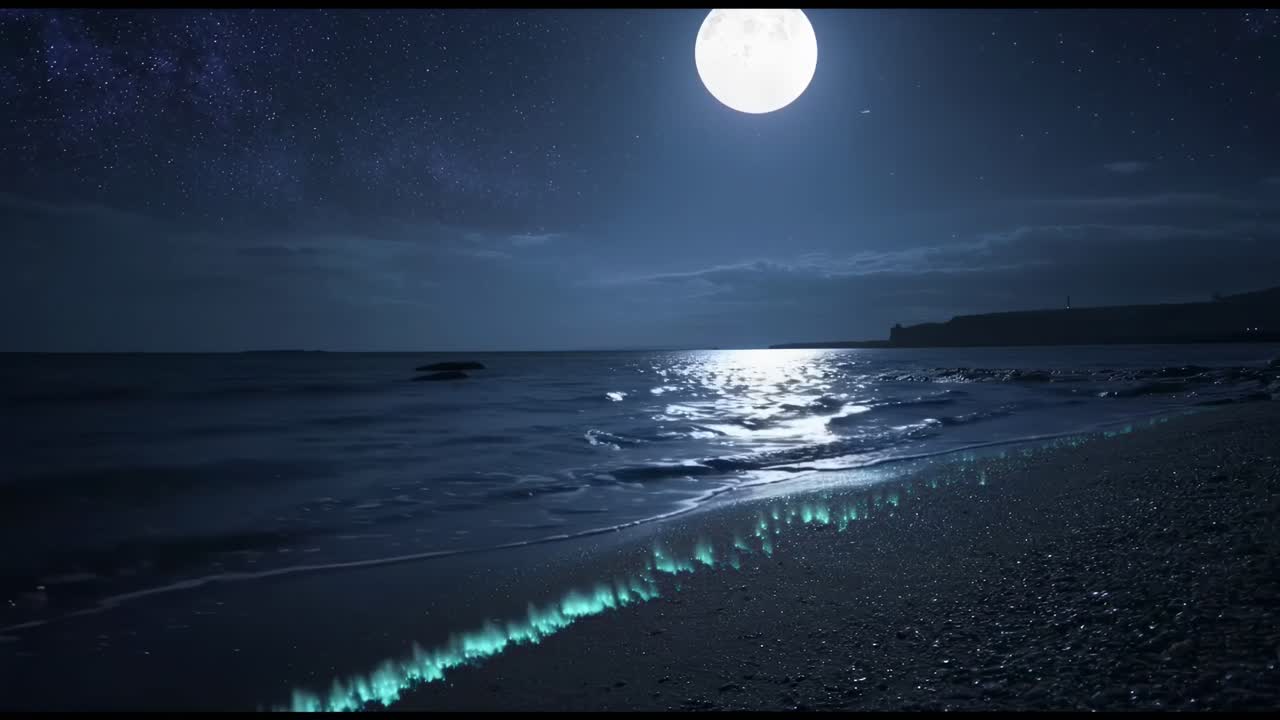 A serene video of a moonlit beach with glowing waves, captured from a low angle
