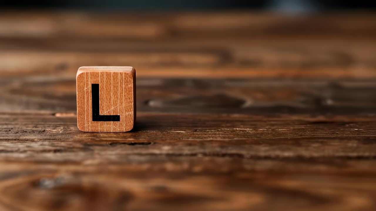 Placing right hand entering upper-right arranging wooden blocks on tabletop, spelling LOVE