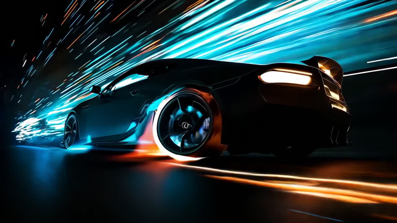 A black sports car driving on a dark road at night
