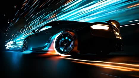 a black sports car driving on a dark road at night