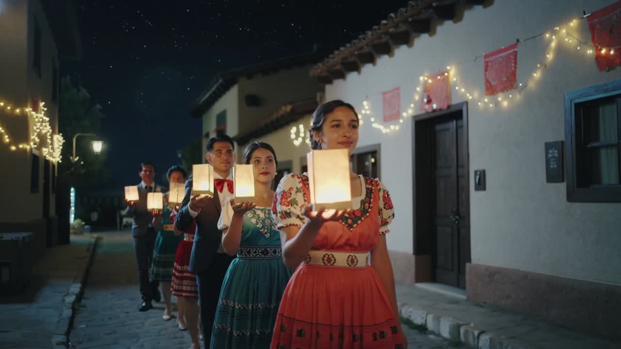 Lantern glow inspiring folklorico dancers walking on cobblestone street, holding glowing lanterns