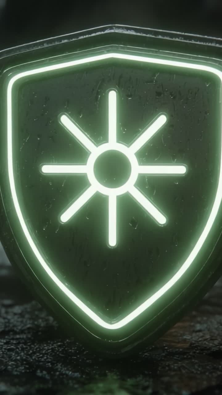 A Glowing Shield with Radiant Sun Symbol Surrounded by Raindrops, Capturing the Essence of Protection and Light in a Dark Environment