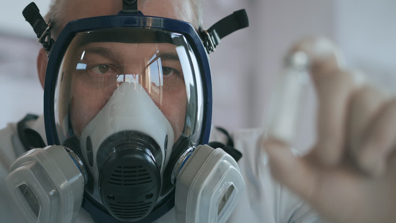 un científico médico en una compañía farmacéutica desarrollando un medicamento en un laboratorio en una pantalla de respirador de vidrio sostiene un nuevo medicamento un amuleto de polvo blanco con una vacuna contra el virus y mira. imágenes de alta calidad 4k
