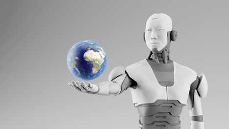 inteligencia artificial tomando el control del concepto, robot cyborg humanoide sosteniendo el globo planeta tierra sobre su palma conquistando el mundo en un escenario futurista