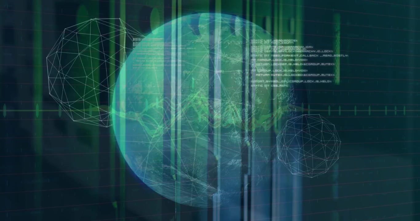 Animation of connected dots forming globes, computer language, graphs over data server racks