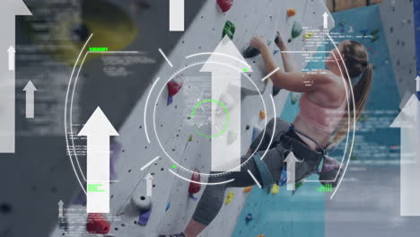 Animation-of-data-processing-over-caucasian-woman-climbing-wall